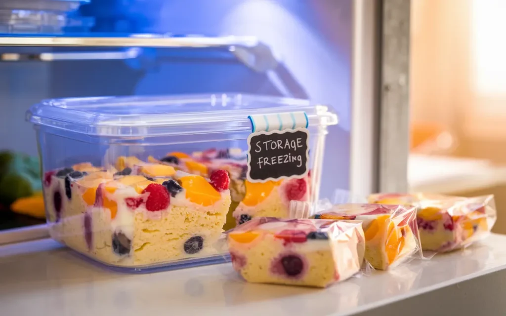 A kitchen counter featuring a sliced Cake Mix Fruit and Eggs dessert stored in a clear, airtight container