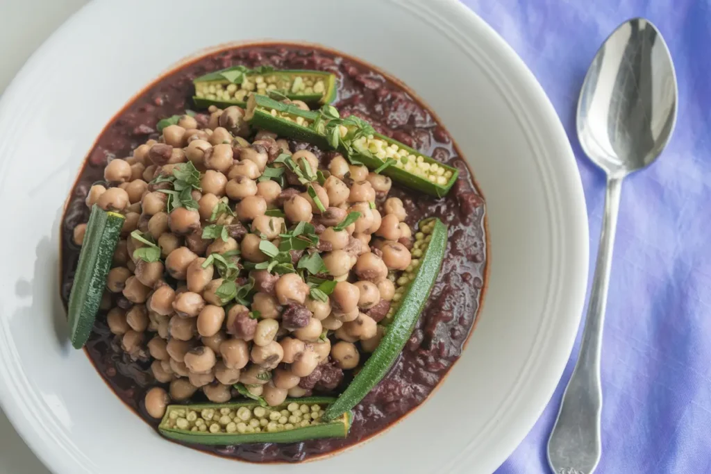 Black Eyed Peas with Okra in a white plate