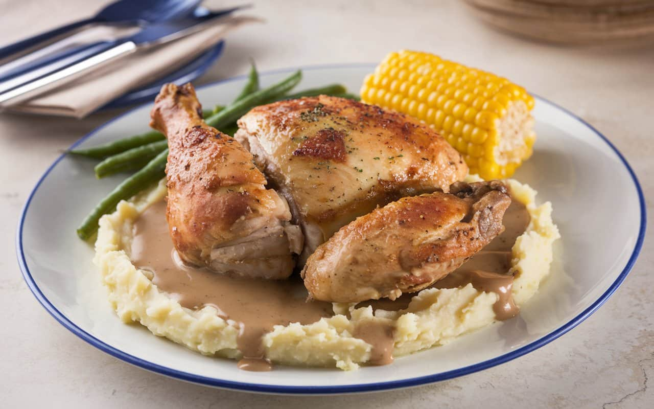 A photo of a golden corral baked chicken dish. The chicken is golden brown and cooked to perfection, sitting on a bed of creamy mashed potatoes with a drizzle of gravy.