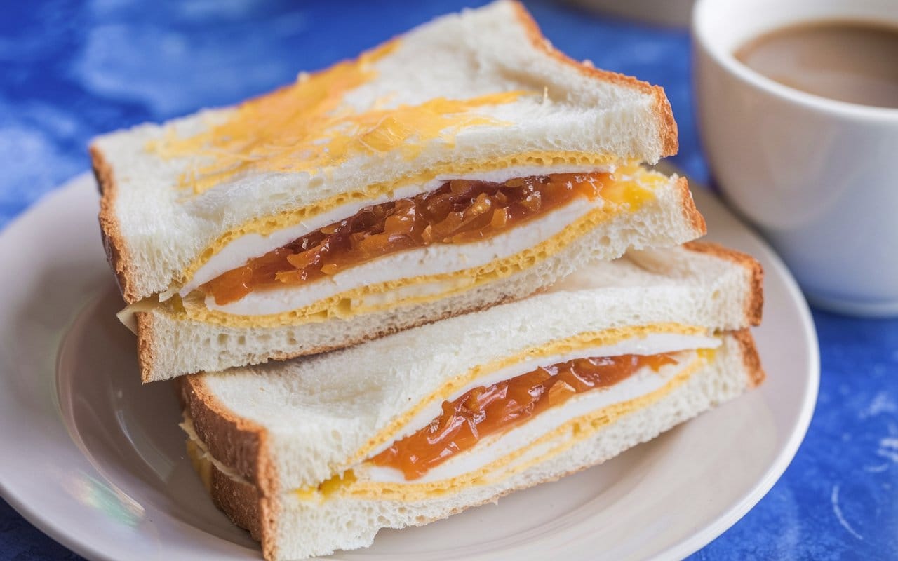 A photo of a Danish marmalade sandwich. The sandwich is made with thinly sliced white bread and marmalade.