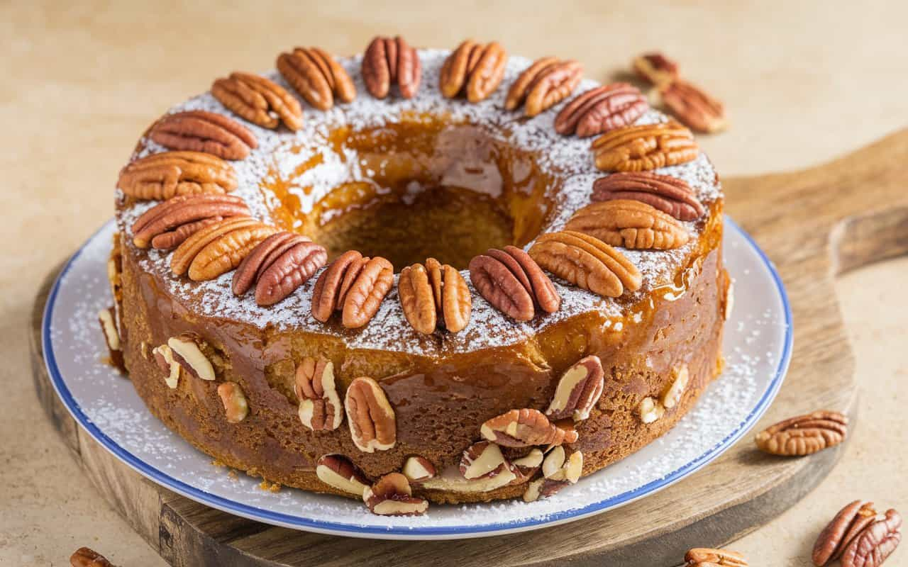 A photo of a homemade butter pecan pound cake. The cake is a rich, golden brown with a glossy finish. It is topped with a layer of pecan halves and a dusting of powdered sugar.