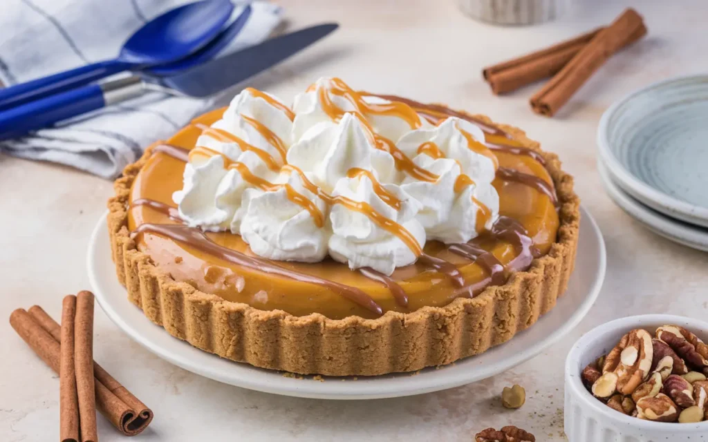 A beautifully baked Milk Bar Pumpkin Pie topped with whipped cream and caramel drizzle, served alongside garnishes like cinnamon sticks and a small bowl of toasted nuts