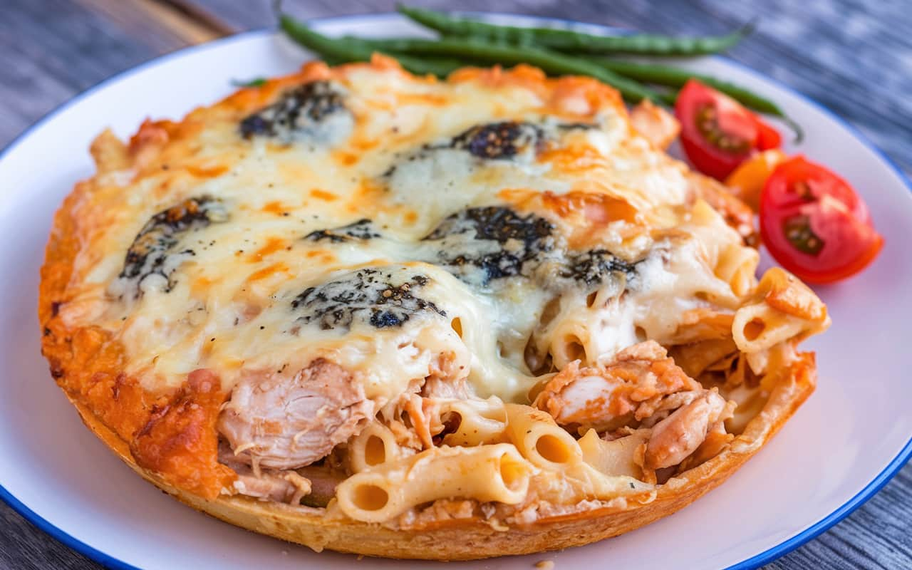 one-pan cheesy chicken pasta dish with a golden crust. There are chunks of chicken and pasta mixed with melted cheese. The dish is served on a white plate.