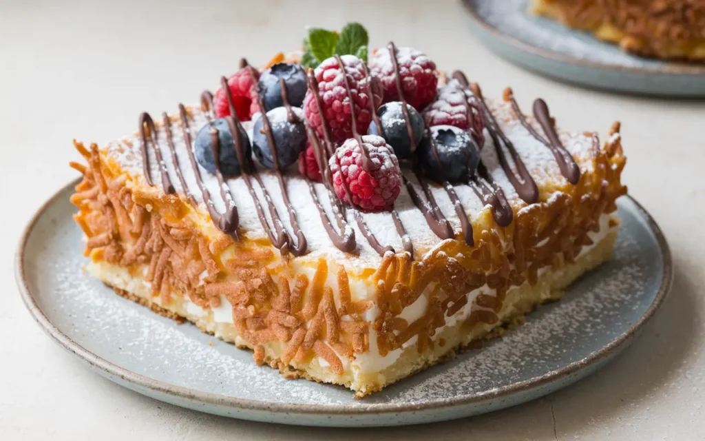 A photo of a kefir sheet cake with a golden brown, crispy crust. The cake is dusted with powdered sugar, topped with fresh berries, and drizzled with chocolate