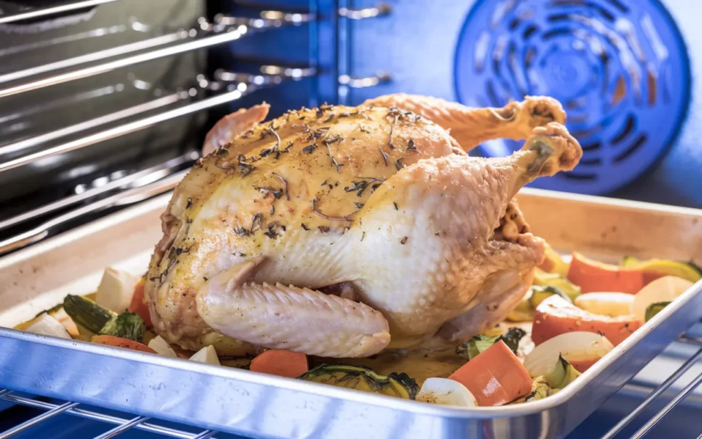 A photo of a golden chicken in an oven. The chicken is seasoned with herbs and spices