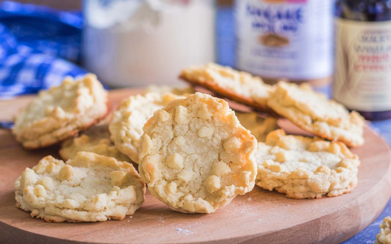 A photo of homemade pancake mix cookies on a wooden board. The cookies have a golden-brown color and a fluffy texture.