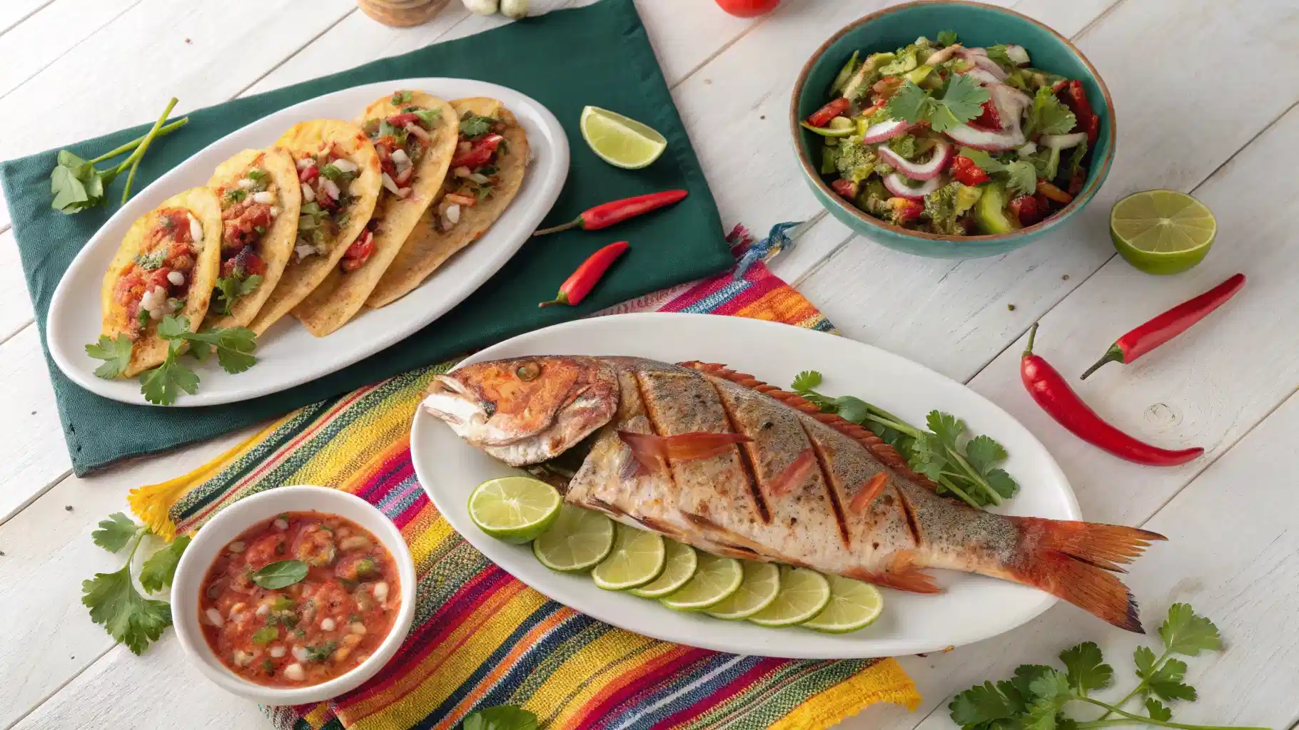 A colorful table featuring three authentic Mexican fish recipes: Baja-style fish tacos, Veracruz-style red snapper, and grilled fish with salsa, surrounded by fresh ingredients and Mexican décor