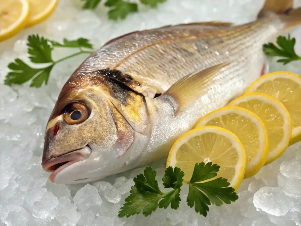 Close-up of a fresh dorado fish on ice with shiny golden scales, clear eyes, and firm flesh, garnished with lemon slices and parsley