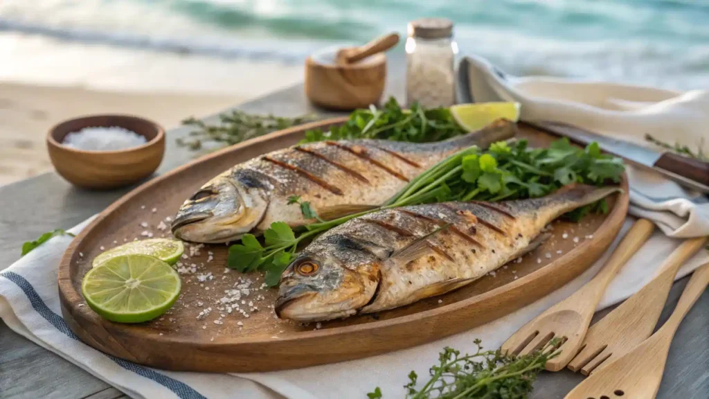 Grilled dorado fish fillets with golden char marks, garnished with parsley and lime wedges, served on a wooden platter with rustic décor