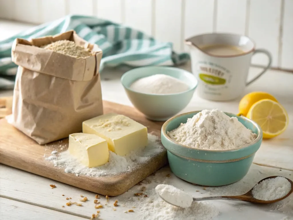 Essential ingredients for vegan biscuits, including flour, vegan butter, plant-based milk, baking powder, salt, and a lemon wedge, arranged on a rustic kitchen counter