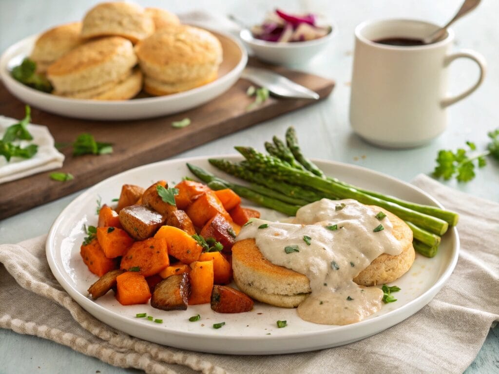 Vegan biscuits with creamy gravy served alongside roasted vegetables and a fresh fruit salad, garnished with parsley on a rustic breakfast table - Vegan Biscuits and Gravy