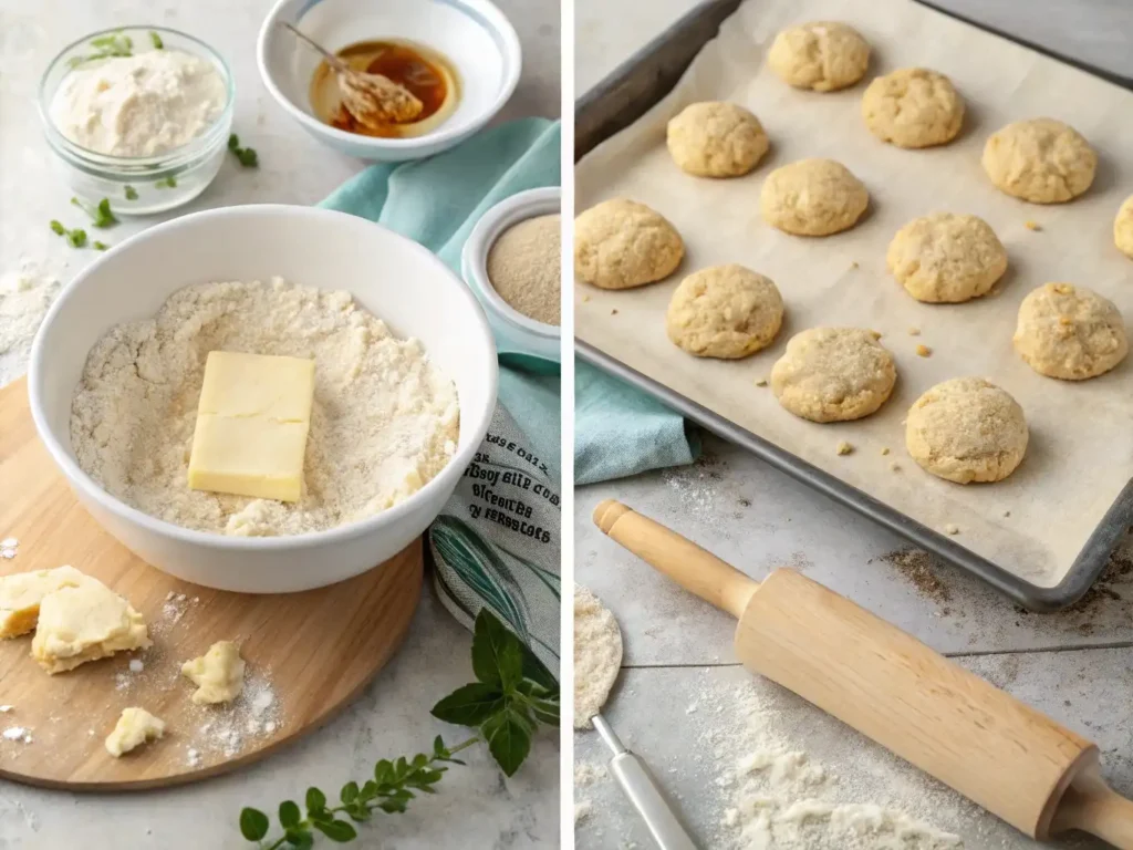 Step-by-step process of making vegan biscuits, from mixing ingredients to rolling dough and shaping biscuits on a baking sheet