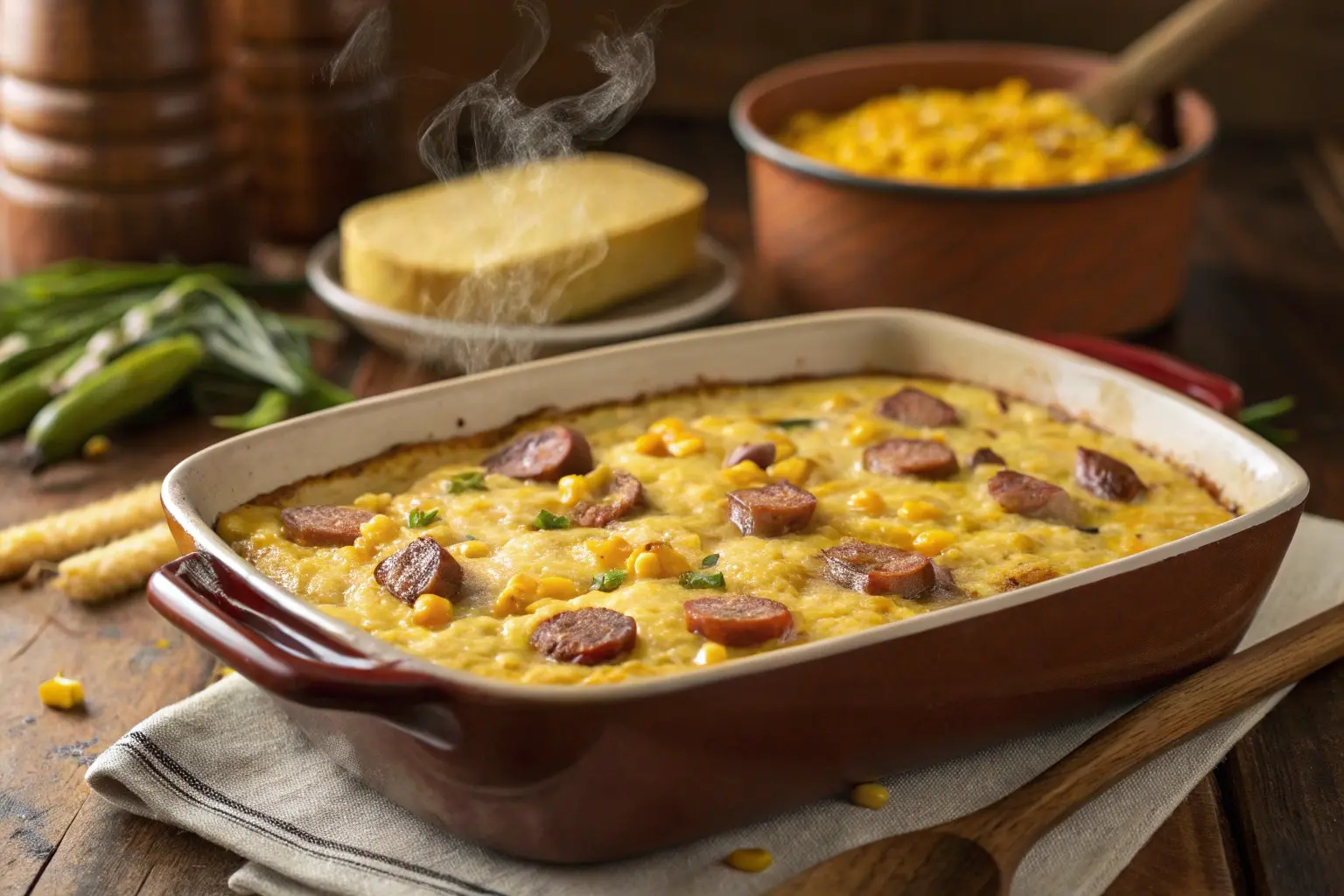 comfort food corn pudding with sausage