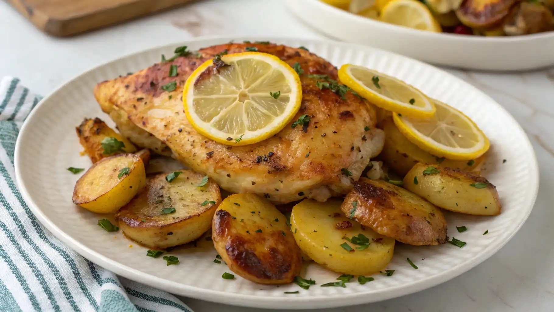 Greek Lemon Chicken and Potatoes in a white plate